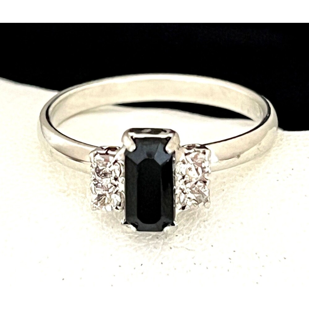 Vintage 1960s Costume Ring Silver Tone Black Rhinestones Mid Century Modern - 4J